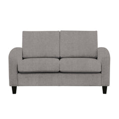 Monika 2-istuttava sohva tummanharmaalla Oasis 17 -kangasverhoilulla. Sohvassa on kaarevat käsinojat ja wengen väriset puujalat.