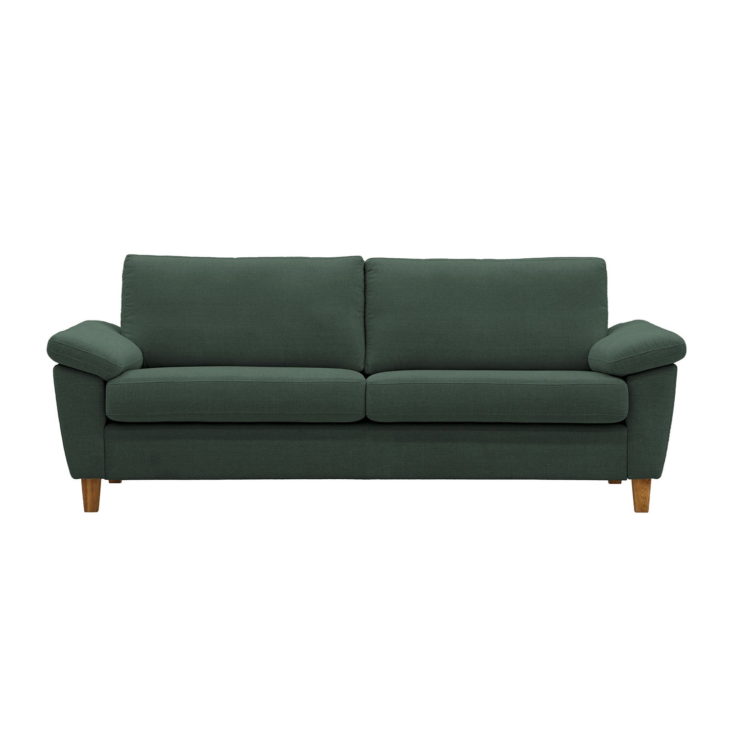 Monika 3-istuttava vihreällä Oasis 10 -kangasverhoilulla. Sohvassa on KN9-käsinojat ja luonnonväriset puujalat.