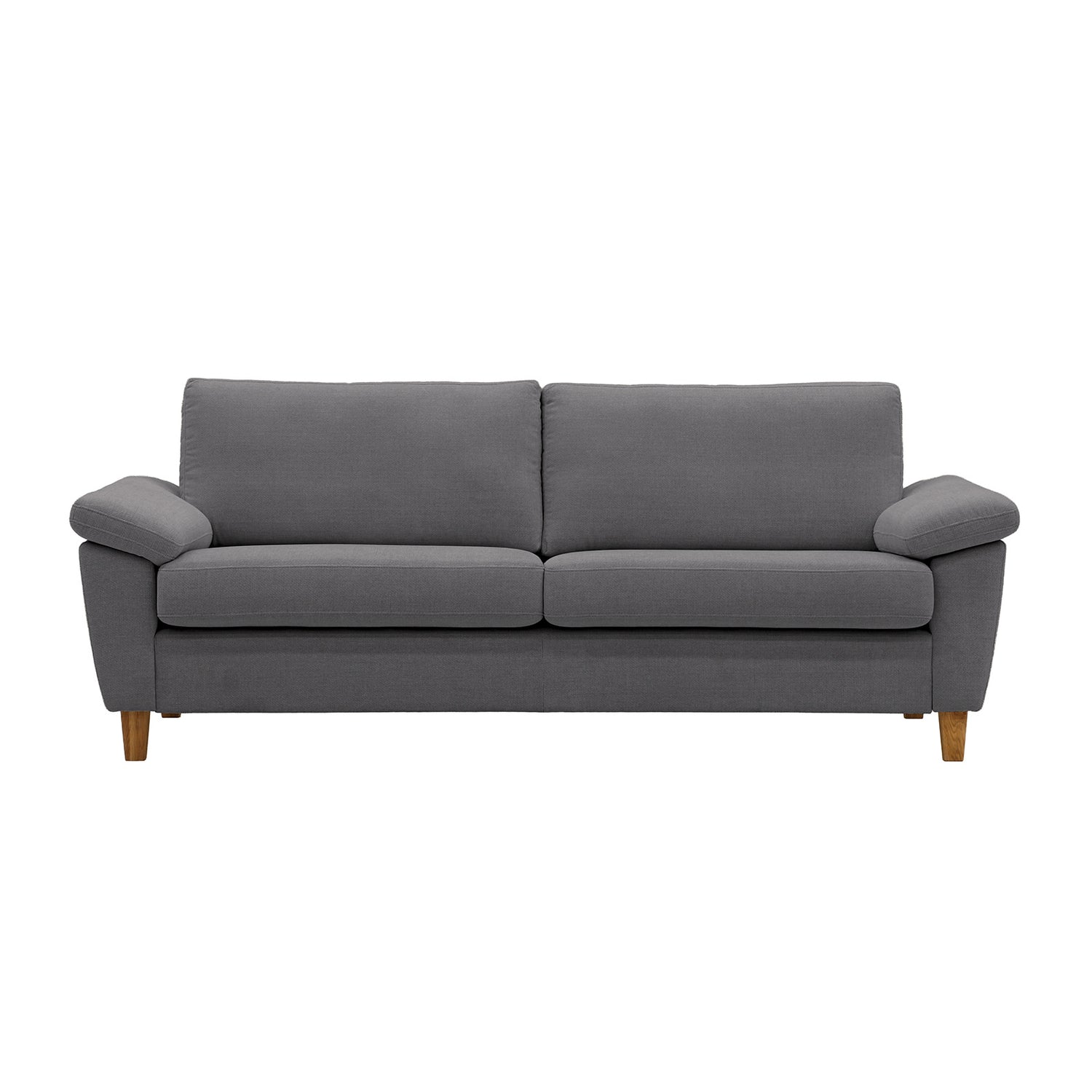 Monika 3-istuttava harmaalla Oasis 17 -kangasverhoilulla. Sohvassa on KN9-käsinojat ja luonnonväriset puujalat.