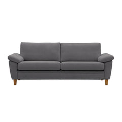 Monika 3-istuttava harmaalla Oasis 17 -kangasverhoilulla. Sohvassa on KN9-käsinojat ja luonnonväriset puujalat.