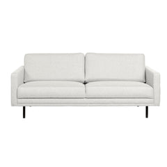 Nauvo-sohva vaalealla Suma 10 -kangasverhoilulla ja mustilla metallijaloilla. Sohvan käsinojien sivuilla on raitaompeleet.