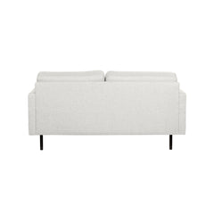 Nauvo 2-istuttava sohva vaalealla Suma 10 -kangasverhoilulla ja mustilla metallijaloilla. Sohvan käsinojien sivuilla on raitaompeleet.