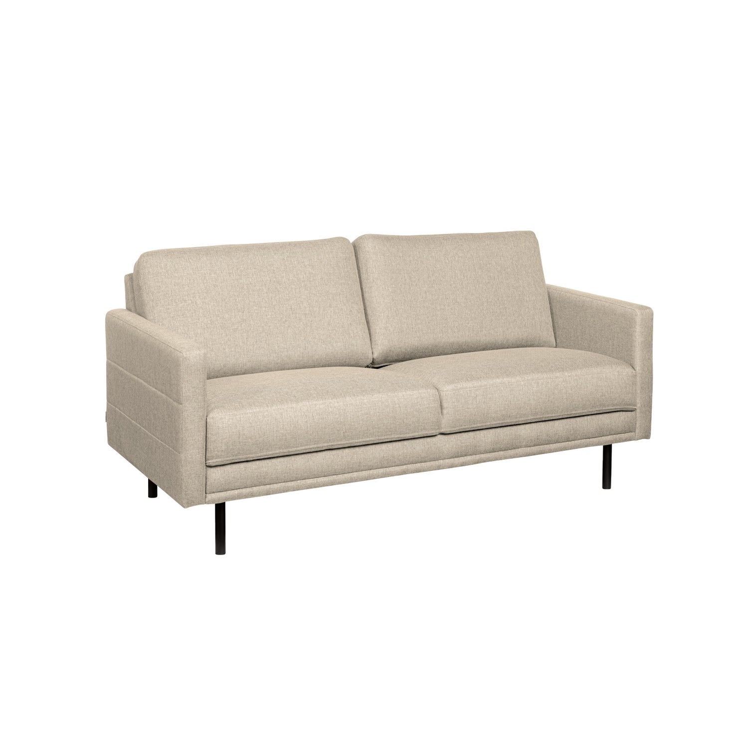 Nauvo 2-istuttava sohva beigellä Suma 16 -kangasverhoilulla ja mustilla metallijaloilla. Sohvan käsinojien sivuilla on raitaompeleet.