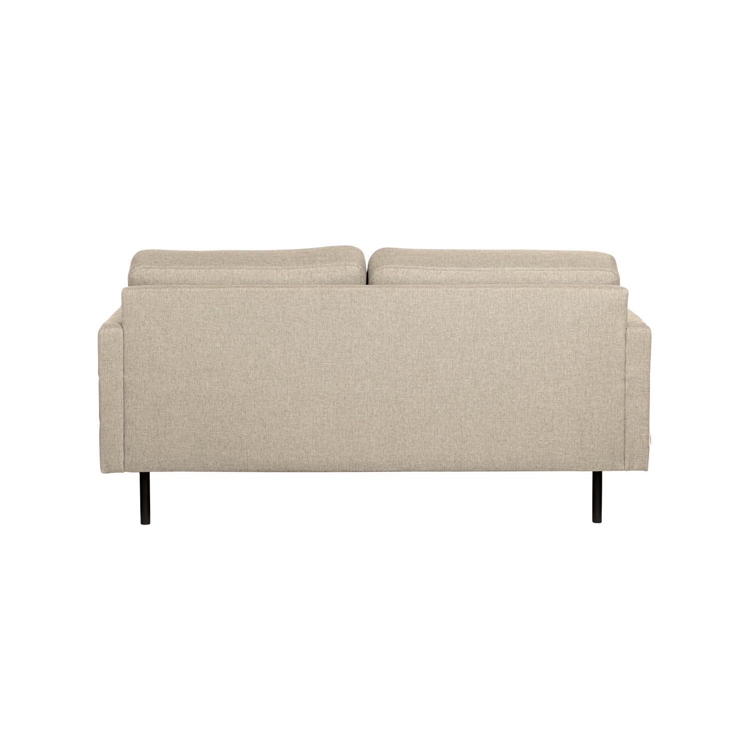 Nauvo 2-istuttava sohva beigellä Suma 16 -kangasverhoilulla ja mustilla metallijaloilla. Sohvan käsinojien sivuilla on raitaompeleet.