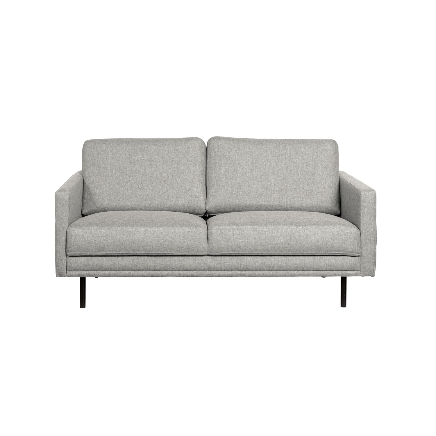 Nauvo 2-istuttava sohva vaaleanharmaalla Suma 17 -kangasverhoilulla ja mustilla metallijaloilla. Sohvan käsinojien sivuilla on raitaompeleet.