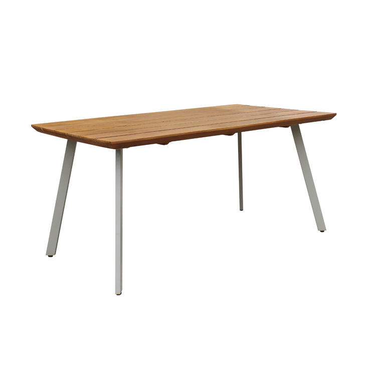 Kesähelmi-ruokapöytä 150 x 90 cm luonnonvärisellä 6-säleestä koostuvalla eukalyptuskannella ja beigeillä metallijaloilla.