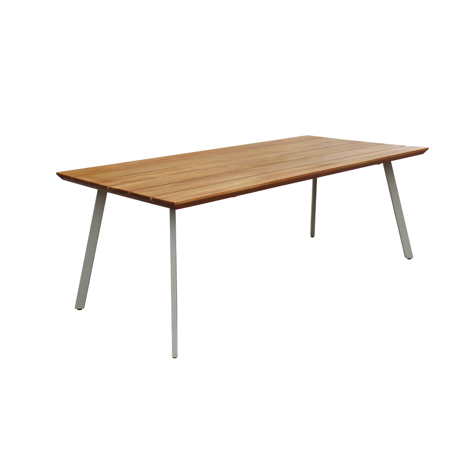 Kesähelmi-ruokapöytä 200 x 100 cm luonnonvärisellä 6-säleestä koostuvalla eukalyptuskannella ja beigeillä metallijaloilla.