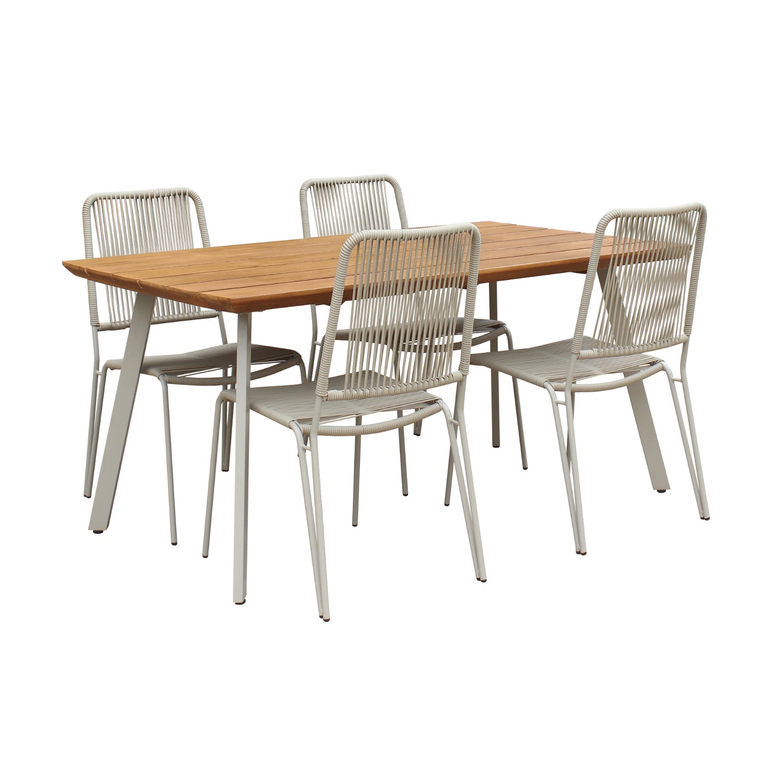 Kesähelmi-ruokapöytä 150 x 90 cm eukalyptuspuukannella ja beigeillä jaloilla, sekä 4 beigeä Kesähelmi-tuolia.