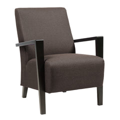 Matalaselkänojainen Niklas-nojatuoli wengenvärisillä puuosilla ja ruskealla Barcelona 40 -kangasverhoilulla.