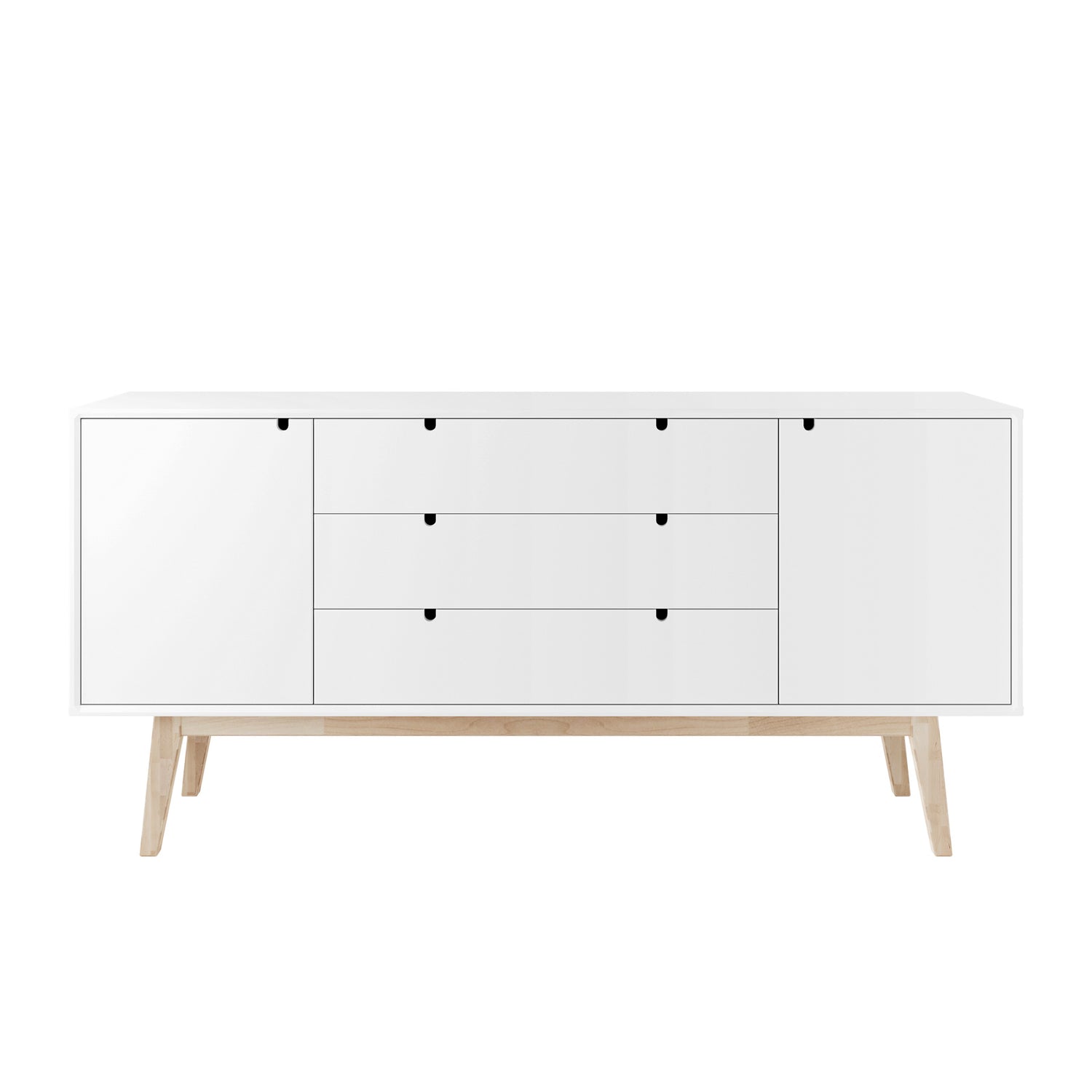 Valkoinen Notte-senkki maalattua koivua. Notte-malliston jalkasarja on aina koivunvärinen.