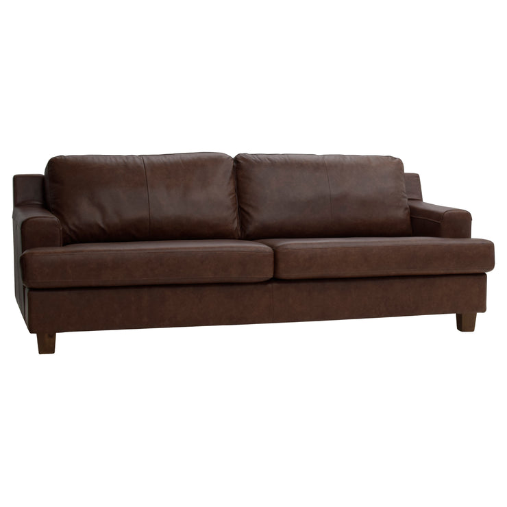 Nova-sohvan verhoiluna on Valentino-nahka värissä 6304 ruskea ja siinä on kantikkaat 12 cm pähkinänväriset puujalat.