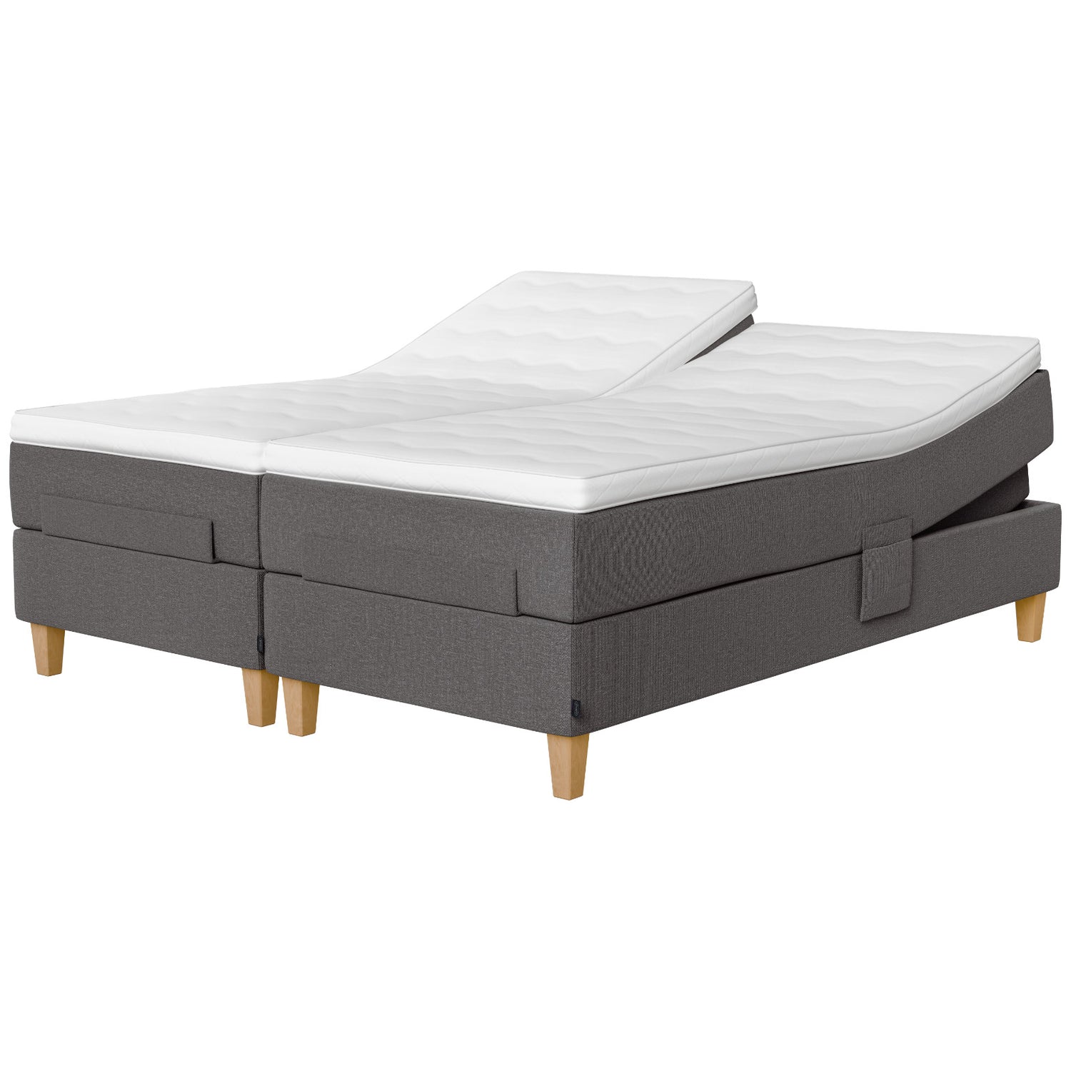 Jensen Onyx -säätösängyn harmaa Grey 173 verhoiluväri ja nelikulmaiset 23 cm korkeat luonnonväriset tammijalat. Erilliset Sleep 1 -sijauspatjat ja jalat sisältyvät hintaan.