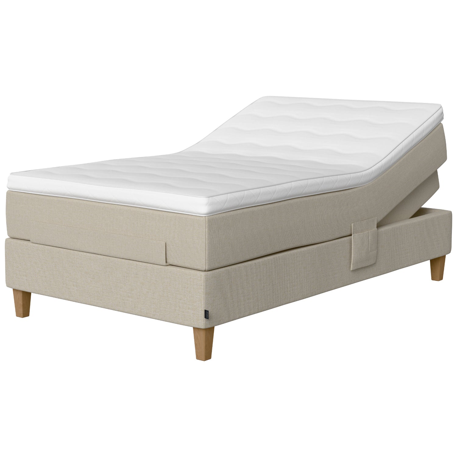 Jensen Onyx -säätösängyn luonnonvaalea Natural 292 verhoiluväri ja nelikulmaiset 23 cm korkeat luonnonväriset tammijalat. Yhtenäinen TempSmart -sijauspatja ja jalat sisältyvät hintaan.