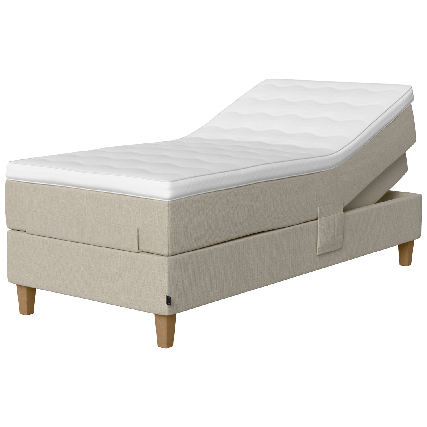 Jensen Onyx -säätösängyn luonnonvaalea Natural 292 verhoiluväri ja nelikulmaiset 23 cm korkeat luonnonväriset tammijalat. Yhtenäinen TempSmart -sijauspatja ja jalat sisältyvät hintaan.