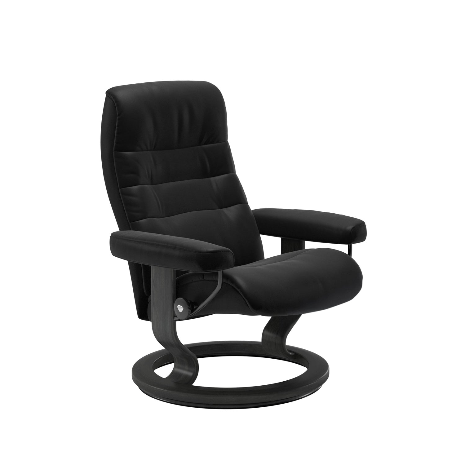 Stressless Opal M -lepotuoli mustana: Black 19 Batick-nahkaverhoilulla ja harmaa petsatulla -Classic-puujalustalla.