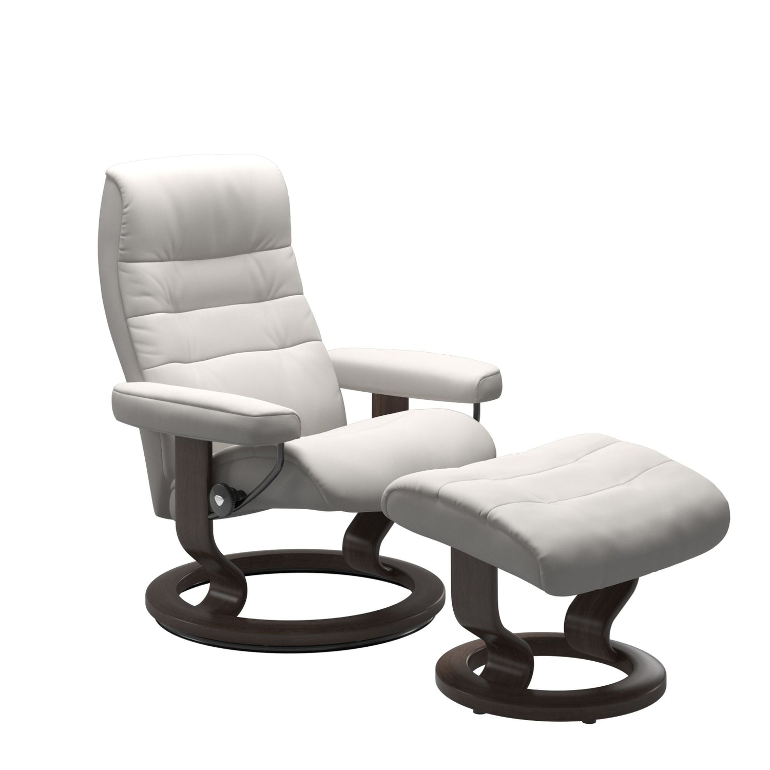 Stressless Opal M -lepotuoli ja rahi valkoisena: Milky White 05 Batick -nahkaverhoilulla ja wenge petsatulla -Classic-puujalustalla.
