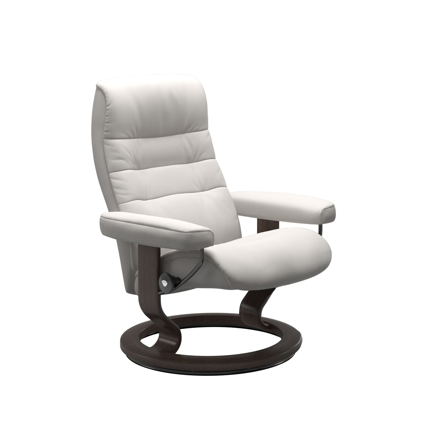 Stressless Opal M -lepotuoli valkoisena: Milky White 05 Batick -nahkaverhoilulla ja wenge petsatulla -Classic-puujalustalla.