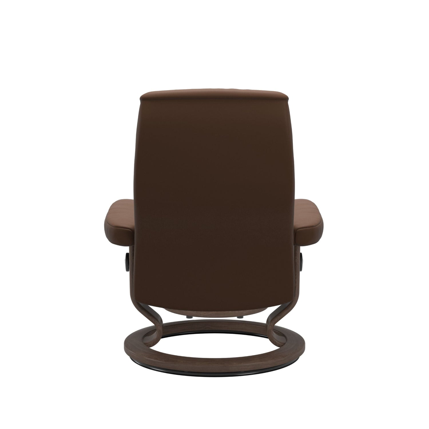 Stressless Opal M -lepotuoli ja rahi ruskeana: Warm Brown 87 Batick-nahkaverhoilulla ja pähkinä petsatulla -Classic-puujalustalla.