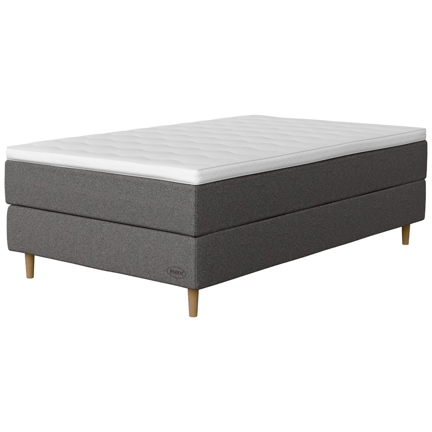 Jensen Opal -jenkkisängyn harmaa Grey 187 verhoilu ja 14 cm korkeat luonnonväriset Conic-tammijalat. Sleep 2 -sijauspatja ja jalat sisältyvät hintaan. 