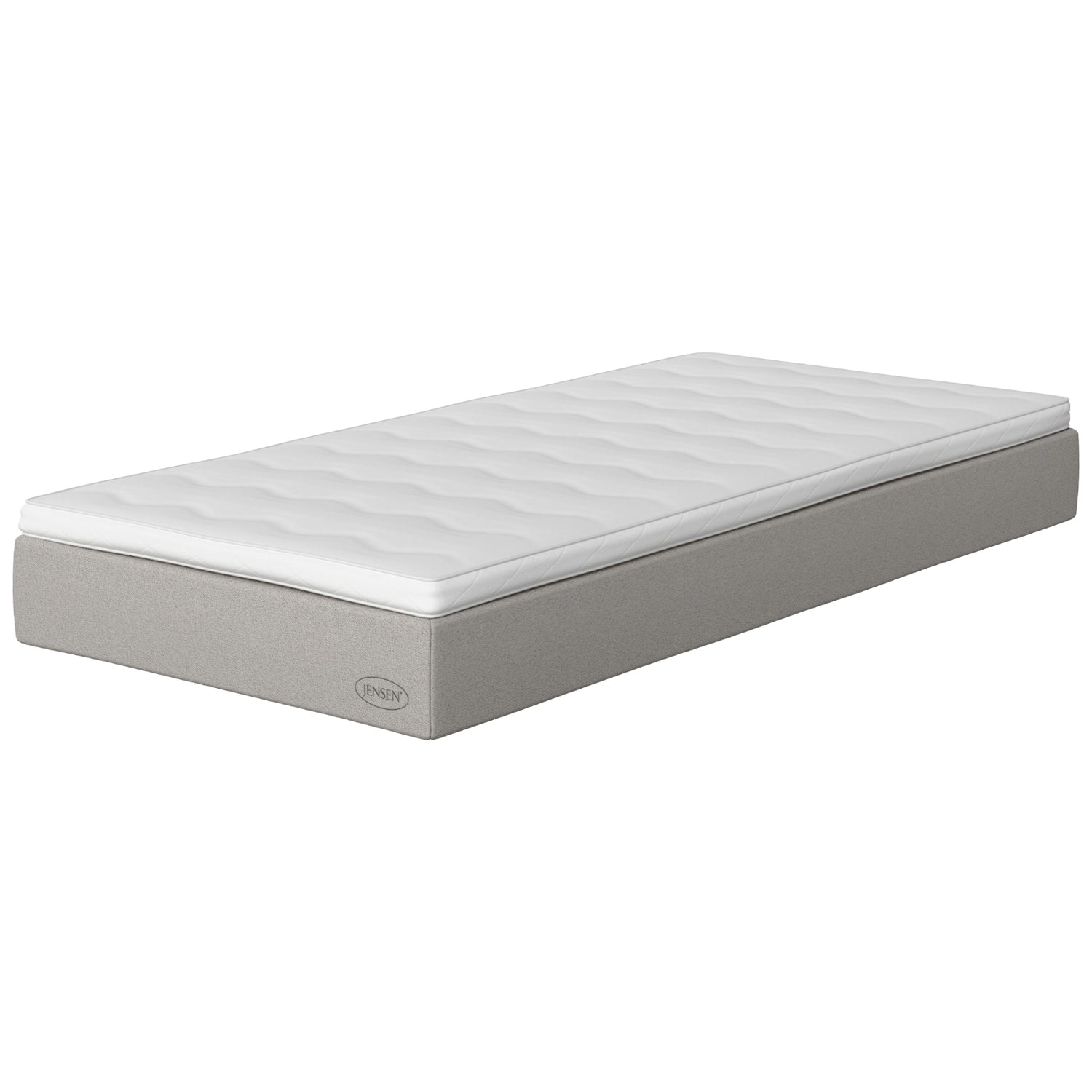 Jensen Opal -joustinpatjan vaaleanharmaa Light Grey 186 -verhoilu. Sijauspatja sisältyy paketin hintaan.