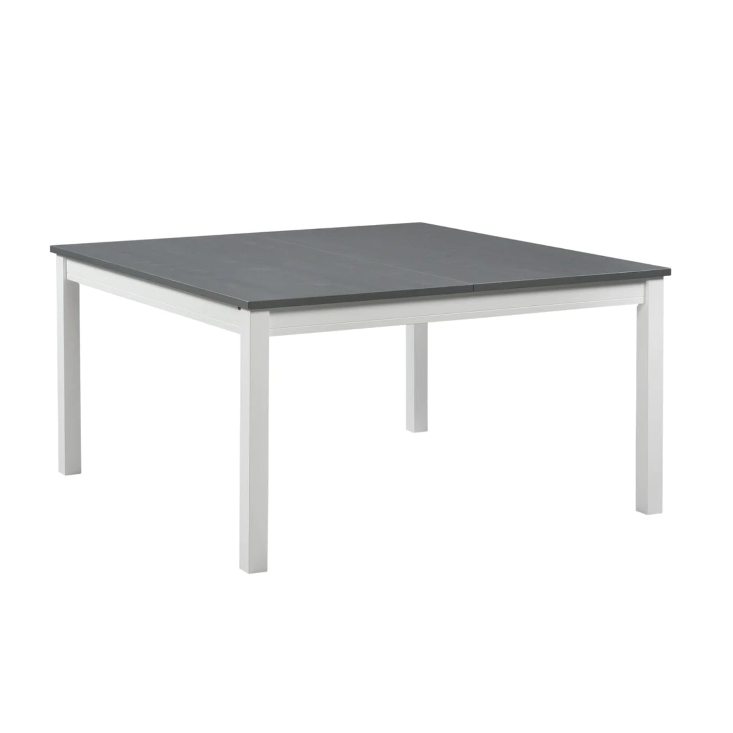 Valkoinen neliö Petra-ruokapöytä 140 x 140 cm harmaaksi petsatulla kannella.