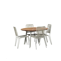 Kuvassa on pyöreä Kesähelmi-pöytä 120 cm (kuvan Kesähelmi-tuolit myydään erikseen). Pöydän akaasiapuinen luonnonvärinen kansi koostuu 12 säleestä ja pöydässä on beiget metallijalat. Luonnonmateriaalia olevan puukannen väri voi poiketa kuvasta.