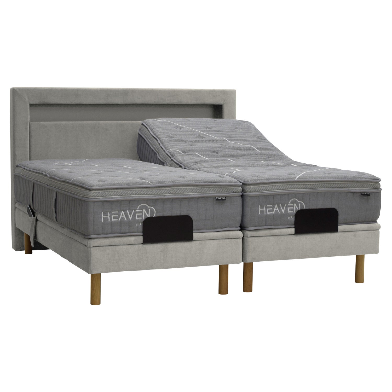 Kuvassa on beige Heaven By Unico Prestige -moottorisänkypaketti. Pakettiin kuuluu 2 kpl Suomessa valmistettua, säädettävää beigeä Tunnel 01 - kangasverhoiltua Lounge-moottorisänkyrunkoa, sekä Prestige-patjat. Kuvan beige Diamond-sängynpääty myydään erikseen.