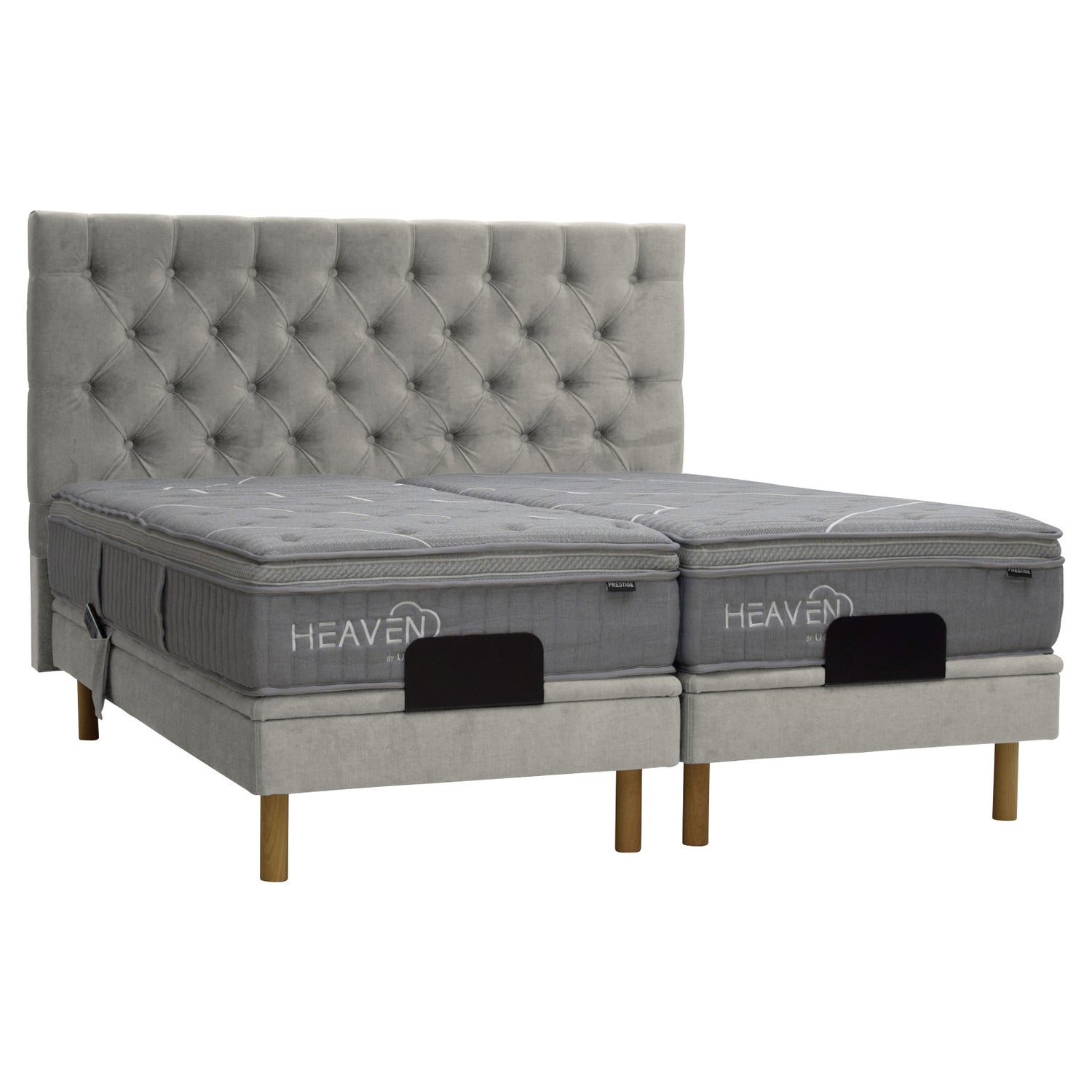 Kuvassa on beige Heaven By Unico Prestige -moottorisänkypaketti. Pakettiin kuuluu 2 kpl Suomessa valmistettua, säädettävää beigeä Tunnel 01 - kangasverhoiltua Lounge-moottorisänkyrunkoa, sekä Prestige-patjat. Kuvan beige Nappi-sängynpääty myydään erikseen.