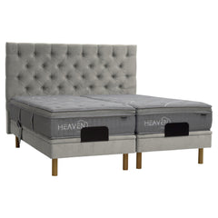 Kuvassa on beige Heaven By Unico Prestige -moottorisänkypaketti. Pakettiin kuuluu 2 kpl Suomessa valmistettua, säädettävää beigeä Tunnel 01 - kangasverhoiltua Lounge-moottorisänkyrunkoa, sekä Prestige-patjat. Kuvan beige Nappi-sängynpääty myydään erikseen.