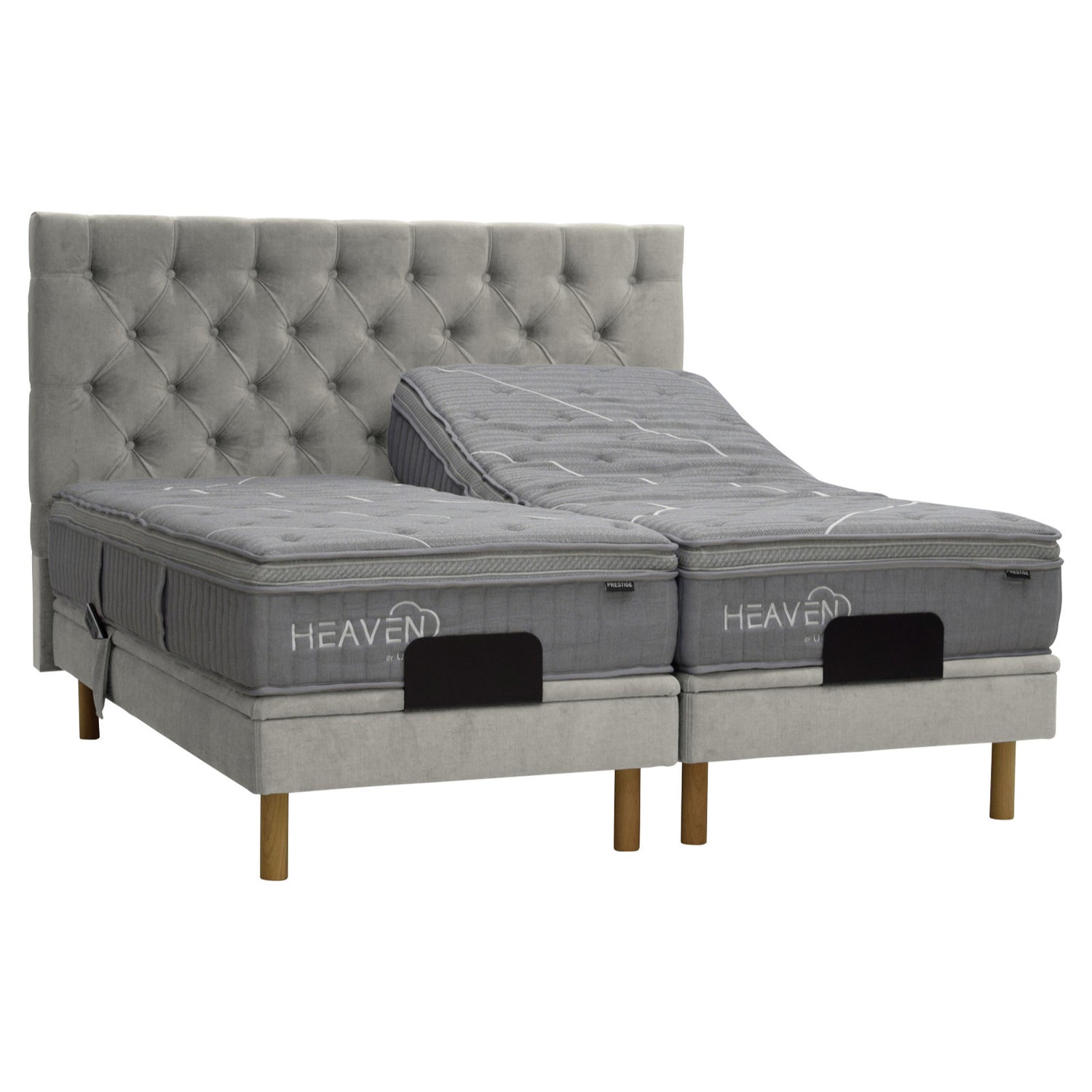 Kuvassa on beige Heaven By Unico Prestige -moottorisänkypaketti. Pakettiin kuuluu 2 kpl Suomessa valmistettua, säädettävää beigeä Tunnel 01 - kangasverhoiltua Lounge-moottorisänkyrunkoa, sekä Prestige-patjat. Kuvan beige Nappi-sängynpääty myydään erikseen.