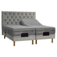 Kuvassa on beige Heaven By Unico Prestige -moottorisänkypaketti. Pakettiin kuuluu 2 kpl Suomessa valmistettua, säädettävää beigeä Tunnel 01 - kangasverhoiltua Lounge-moottorisänkyrunkoa, sekä Prestige-patjat. Kuvan beige Nappi-sängynpääty myydään erikseen.