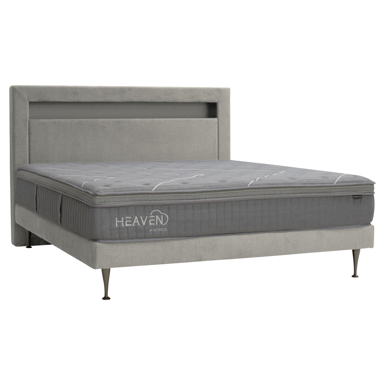 Kuvassa on beige Heaven By Unico Prestige -runkosänkypaketti. Pakettiin kuuluu Suomessa valmistettu Tunnel 01 -kangasverhoiltu Lounge sänkyrunko, sekä Prestige-patja ja Shampanja-metallijalat. Kuvan beige Diamond-sängynpääty myydään erikseen.
