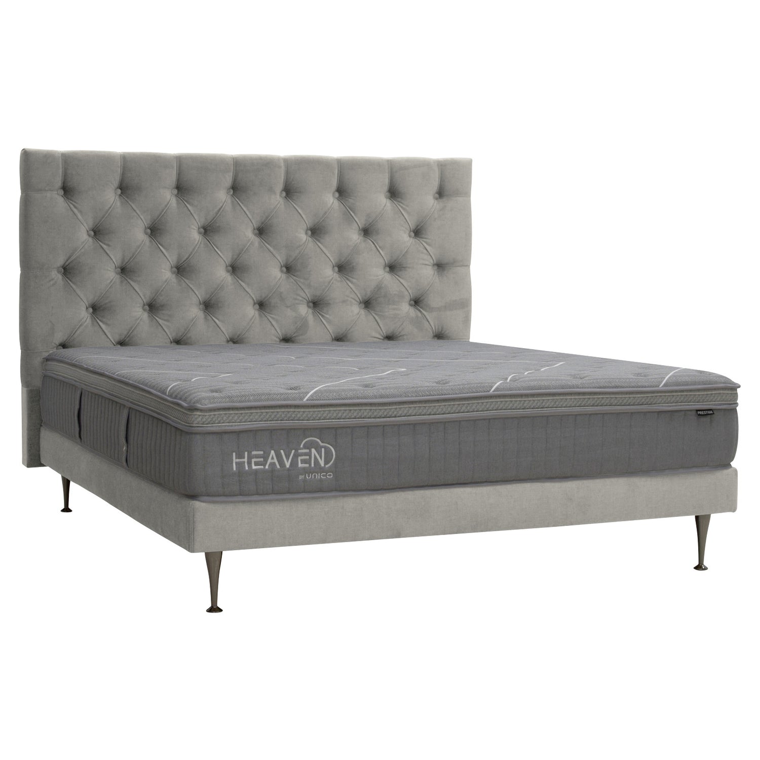 Kuvassa on beige Heaven By Unico Prestige -runkosänkypaketti. Pakettiin kuuluu Suomessa valmistettu, Tunnel 01 -kangasverhoiltu beige Lounge sänkyrunko, sekä Prestige-patja ja Shampanja-metallijalat. Kuvan beige Nappi-sängynpääty myydään erikseen.