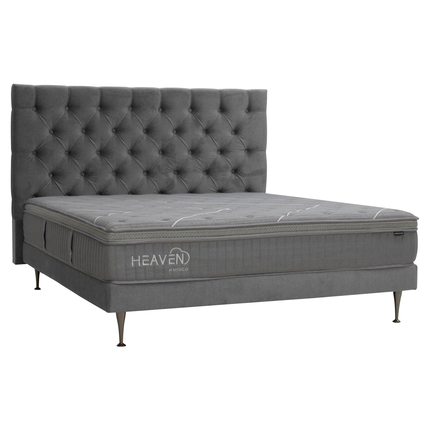 Kuvassa on harmaa Heaven By Unico Prestige -runkosänkypaketti. Pakettiin kuuluu Suomessa valmistettu, Tunnel 17 -kangasverhoiltu harmaa Lounge sänkyrunko, sekä Prestige-patja ja Shampanja-metallijalat. Kuvan harmaa Nappi-sängynpääty myydään erikseen.