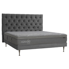 Kuvassa on harmaa Heaven By Unico Prestige -runkosänkypaketti. Pakettiin kuuluu Suomessa valmistettu, Tunnel 17 -kangasverhoiltu harmaa Lounge sänkyrunko, sekä Prestige-patja ja Shampanja-metallijalat. Kuvan harmaa Nappi-sängynpääty myydään erikseen.