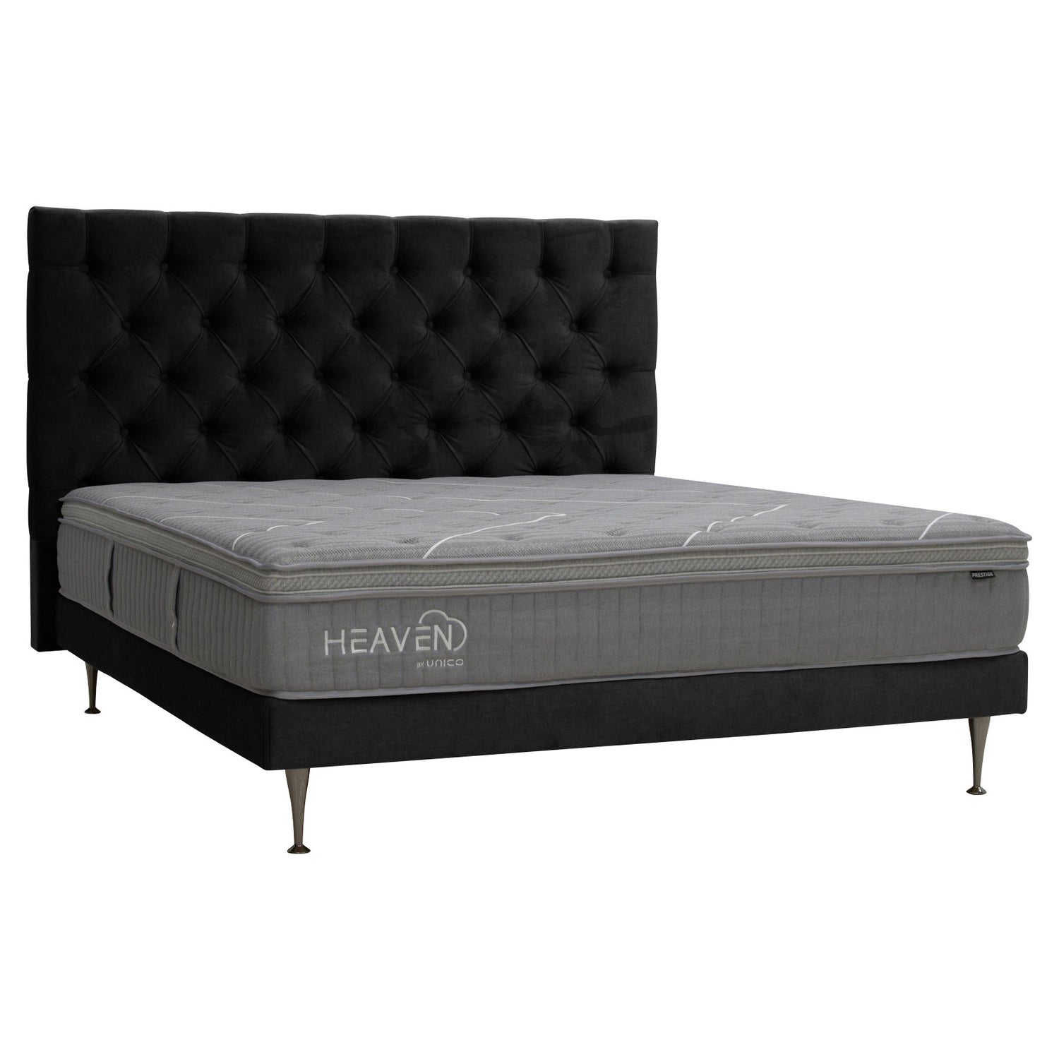 Kuvassa on musta Heaven By Unico Prestige -runkosänkypaketti. Pakettiin kuuluu Suomessa valmistettu musta Tunnel 19 -kangasverhoiltu Lounge sänkyrunko, sekä Prestige-patja ja Shampanja-metallijalat. Kuvan musta Nappi-sängynpääty myydään erikseen.