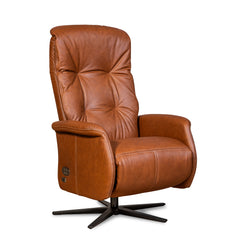 Recliner 10 -tuoli konjakinvärisellä täysnahkaverhoilulla ja mustalla alumiinijalalla. Mekanismituoli on malliltaan siro ja kapea recliner mm. pyörintämekanismilla. 