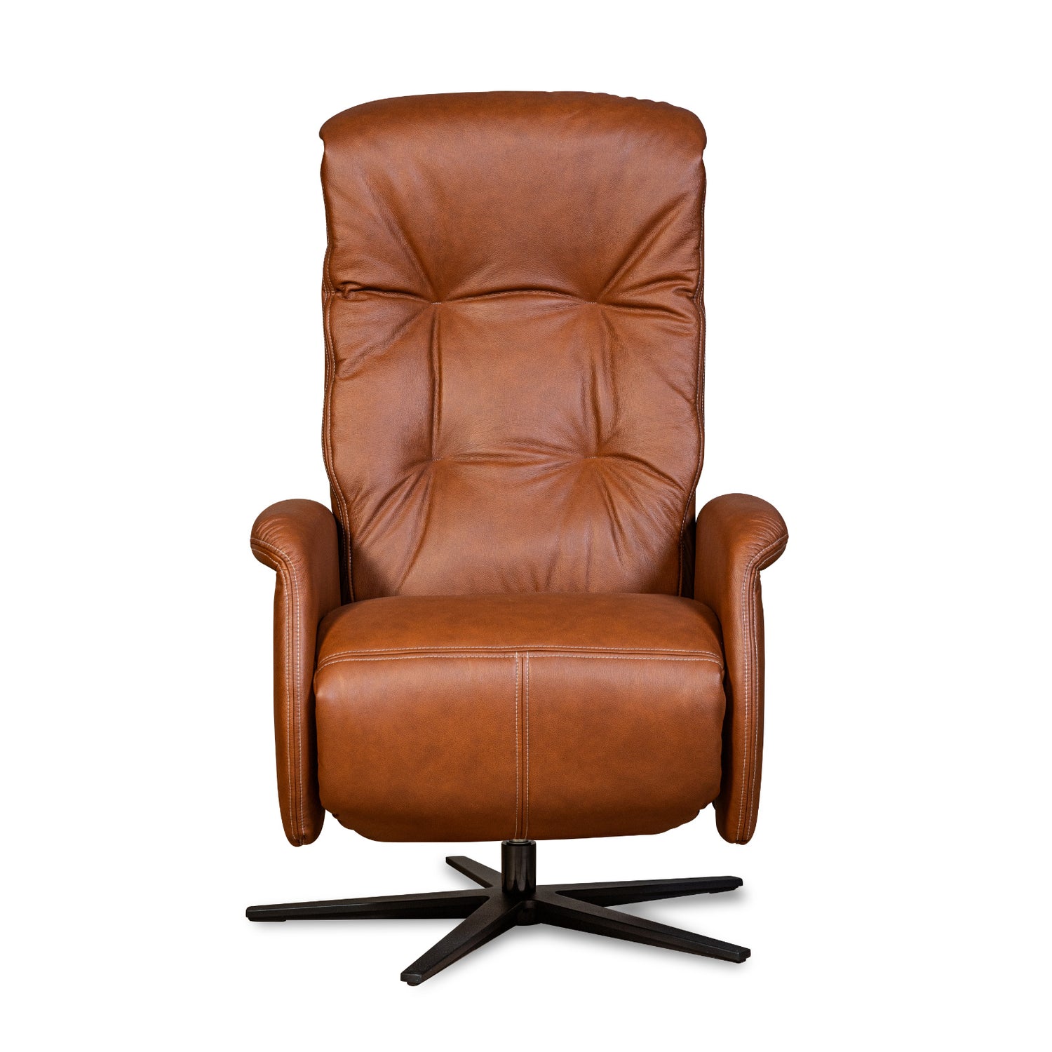 Recliner 10 -tuoli konjakinvärisellä täysnahkaverhoilulla ja mustalla alumiinijalalla. Mekanismituoli on malliltaan siro ja kapea recliner mm. pyörintämekanismilla.