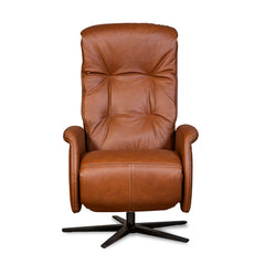 Recliner 10 -tuoli konjakinvärisellä täysnahkaverhoilulla ja mustalla alumiinijalalla. Mekanismituoli on malliltaan siro ja kapea recliner mm. pyörintämekanismilla.