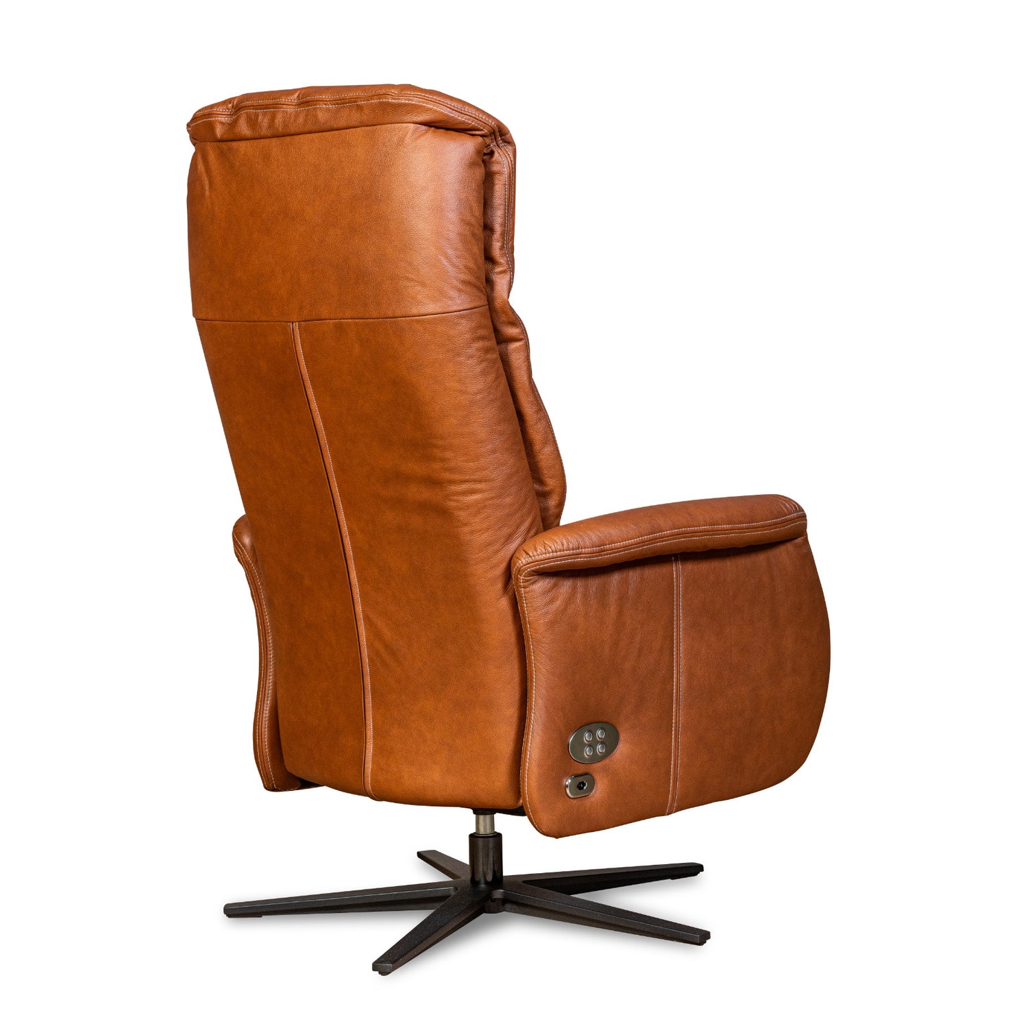 Recliner 10 -tuoli konjakinvärisellä täysnahkaverhoilulla ja mustalla alumiinijalalla. Mekanismituoli on malliltaan siro ja kapea recliner mm. pyörintämekanismilla.