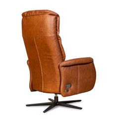 Recliner 10 -tuoli konjakinvärisellä täysnahkaverhoilulla ja mustalla alumiinijalalla. Mekanismituoli on malliltaan siro ja kapea recliner mm. pyörintämekanismilla.
