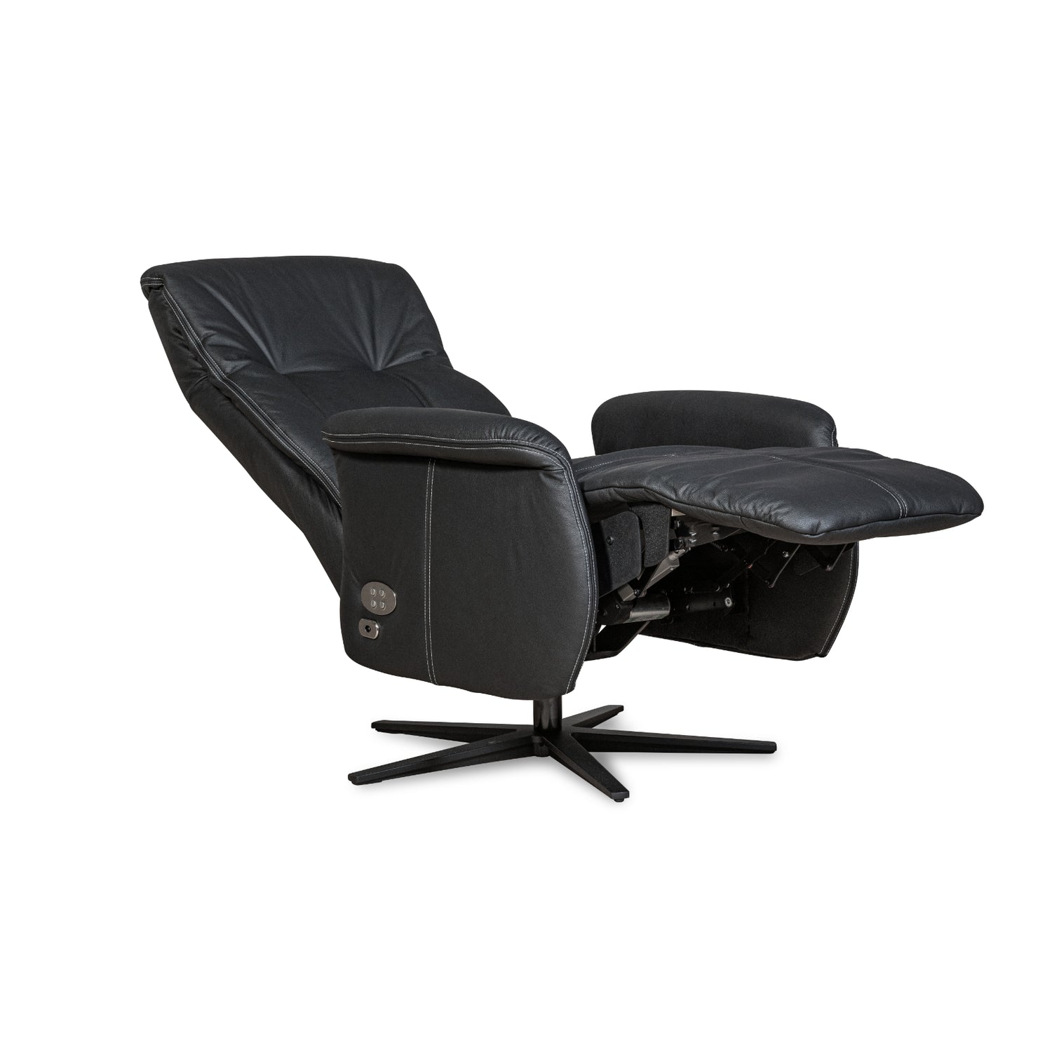 Recliner 10 -tuoli kokomustana täysnahkaverhoilulla ja alumiinijalalla. Mekanismituoli on malliltaan siro ja kapea recliner mm. pyörintämekanismilla. Pyörivässä lepotuolissa on selkänojan kallistusmekanismi, nouseva jalkarahi ja säädettävä niskatuki.