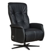 Recliner 10 -tuoli kokomustana täysnahkaverhoilulla ja alumiinijalalla. Mekanismituoli on malliltaan siro ja kapea recliner mm. pyörintämekanismilla.
