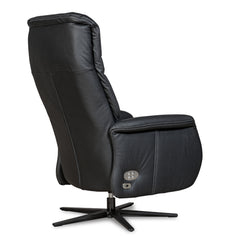 Recliner 10 -tuoli kokomustana täysnahkaverhoilulla ja alumiinijalalla. Mekanismituoli on malliltaan siro ja kapea recliner mm. pyörintämekanismilla.