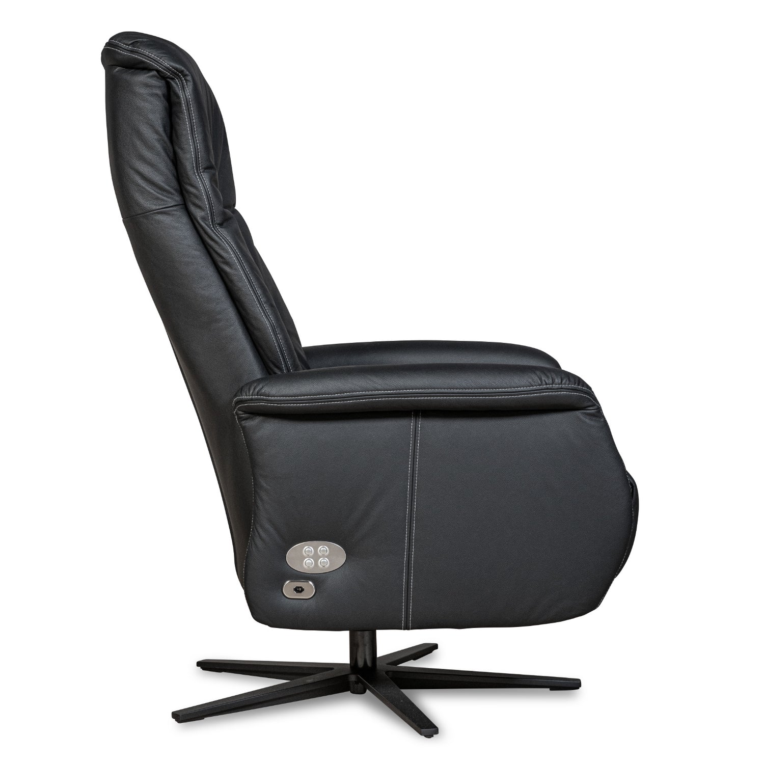 Recliner 10 -tuoli kokomustana täysnahkaverhoilulla ja alumiinijalalla. Mekanismituoli on malliltaan siro ja kapea recliner mm. pyörintämekanismilla.