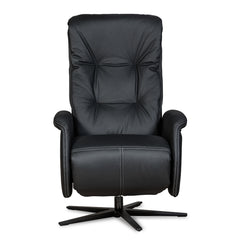 Recliner 10 -tuoli kokomustana täysnahkaverhoilulla ja alumiinijalalla. Mekanismituoli on malliltaan siro ja kapea recliner mm. pyörintämekanismilla.