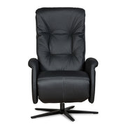 Recliner 10 -tuoli kokomustana täysnahkaverhoilulla ja alumiinijalalla. Mekanismituoli on malliltaan siro ja kapea recliner mm. pyörintämekanismilla.