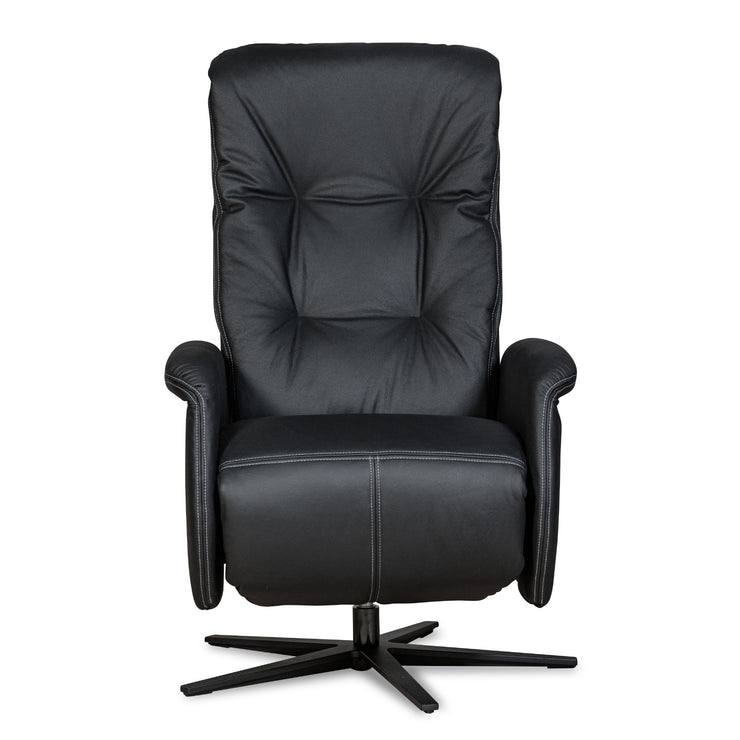 Recliner 10 -tuoli kokomustana täysnahkaverhoilulla ja alumiinijalalla. Mekanismituoli on malliltaan siro ja kapea recliner mm. pyörintämekanismilla.