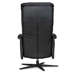 Recliner 10 -tuoli kokomustana täysnahkaverhoilulla ja alumiinijalalla. Mekanismituoli on malliltaan siro ja kapea recliner mm. pyörintämekanismilla.