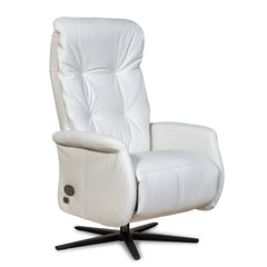 Recliner 10 -tuoli valkoisella täysnahkaverhoilulla ja mustalla alumiinijalalla. Mekanismituoli on malliltaan siro ja kapea recliner mm. pyörintämekanismilla.
